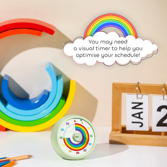 Visual Timer for Kids, 60-Minute Countdown Timer for Classroom Office Kitchen, Desk Timer Kids Time Management Tools with Silent Operation, Pomodoro Time Rainbow Pattern (Grass Green)