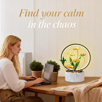 15" H Indoor Modern Tabletop Water Fountain LED Light, Yoga Meditation Room Father Day Decor Lotus Flower Floor-Standing Fountain