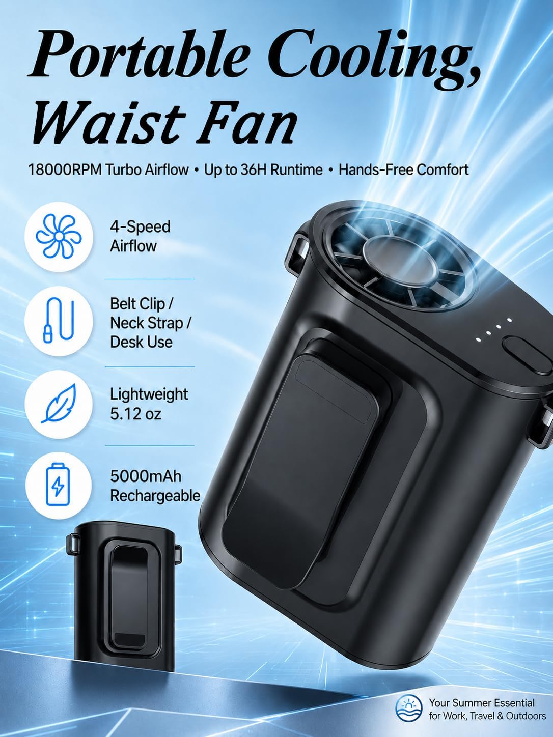 Waist Fan Portable Ultra Lightweight Design
