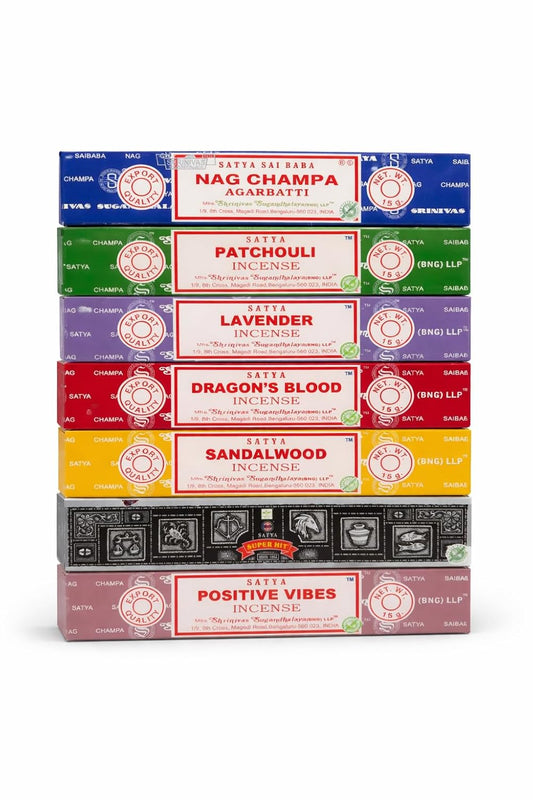 Satya Incense Gift Set Nag Champa, Super hit, Dragon's Blood, Sandalwood, Patchouli, Lavender, Positive Vibes, 15 g