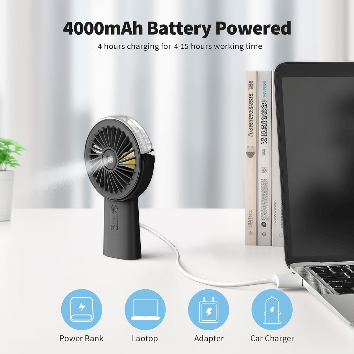Otlonpe Handheld Misting Fan Portable, Small Personal Hand Held Rechargeable Mist Fan Water Spray, 4000mAh Battery Operated Hand Mister Fans 3-Speed, 4-15 Hrs Runtime for Travel Home Office Outdoor
