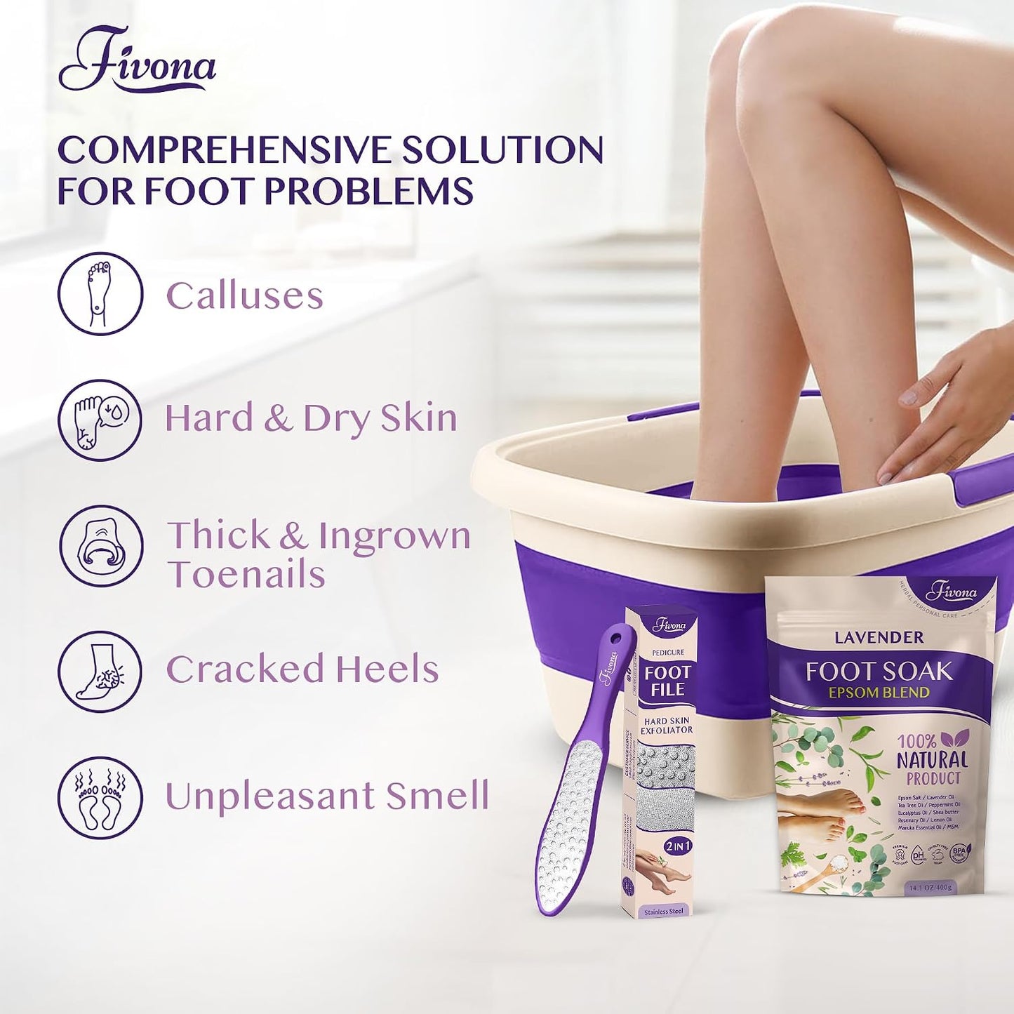 Fivona Tea Tree Foot Soak Blend 14.1 oz - Epsom Salt with Essential Oils for Healthy Toenails, Soothing Relief, Callus Softening - Pedicure Therapy for Soft, Rejuvenated Feet
