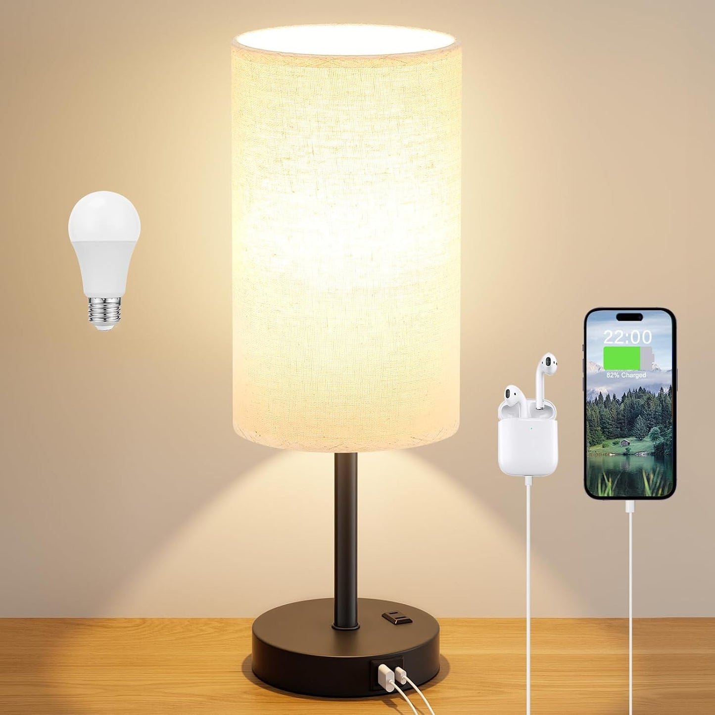 Dicoool Touch Bedside Table Lamp with USB - 3 Way Dimmable Wood Lamp for Bedroom Nightstand, Desk Lamp with Charging Station for Dorm, Living Room, Office, Kids Room, Small, 14in