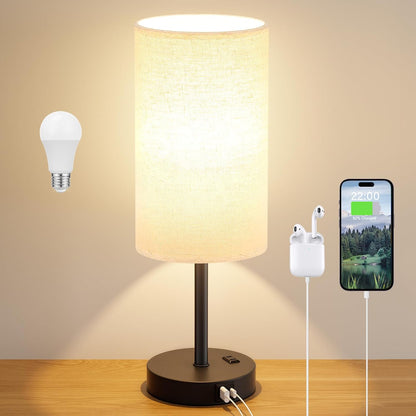 Dicoool Touch Bedside Table Lamp with USB - 3 Way Dimmable Wood Lamp for Bedroom Nightstand, Desk Lamp with Charging Station for Dorm, Living Room, Office, Kids Room, Small, 14in