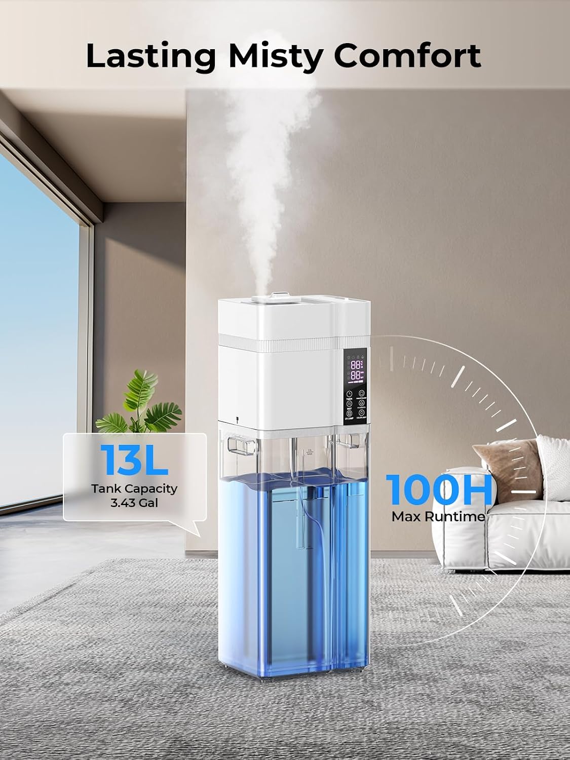 13L/3.43Gal Humidifier Large Room, 800ft² Coverage, 100H Runtime, Auto Humidity Control, Top Fill, Humidifiers for Bedroom, 35dB Quiet, Sleep Mode, Aroma Diffuser, 24H Timer, Auto Shut-off Protection