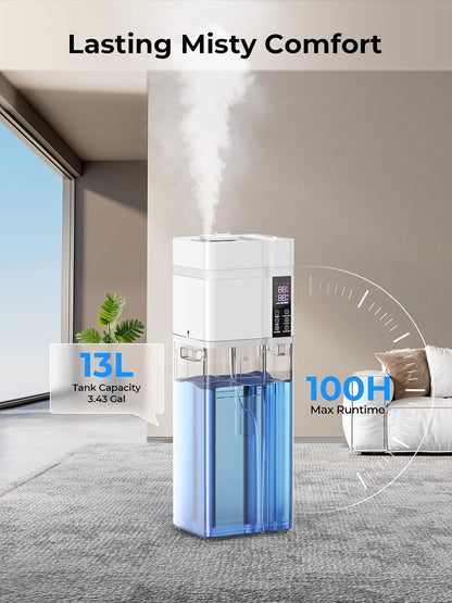 13L/3.43Gal Humidifier Large Room, 800ft² Coverage, 100H Runtime, Auto Humidity Control, Top Fill, Humidifiers for Bedroom, 35dB Quiet, Sleep Mode, Aroma Diffuser, 24H Timer, Auto Shut-off Protection