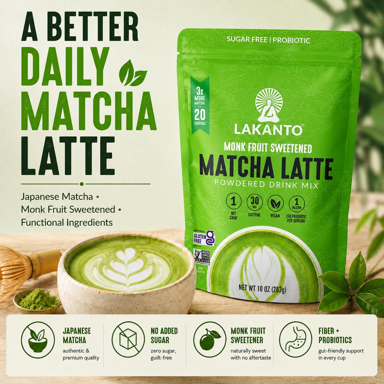 Lakanto Sugar Free Matcha Latte - Green Tea Powder with Shelf Stable Probiotics and Fiber, Sugar Free, Monk Fruit Sweetener, Keto Diet Friendly, Vegan, Detox, Destress, Antioxidants, Authentic (10 Oz)