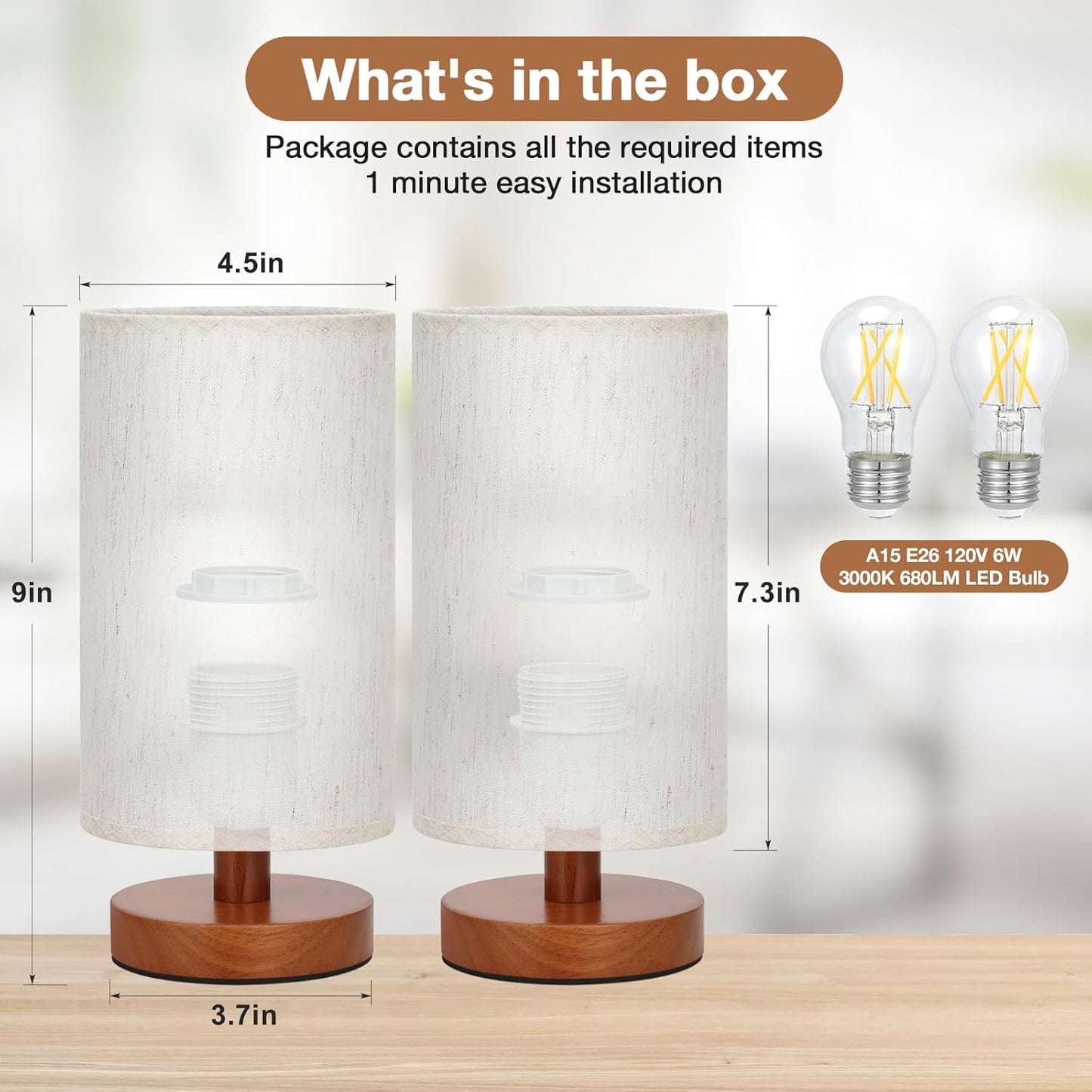 Fenmzee Small Table Lamp for Bedroom - Inline Control, Bedside Lamp with 3000K A15 LED Blub, Easy Assembly (Cream Shade - Wood Base, 9" Inline Control)