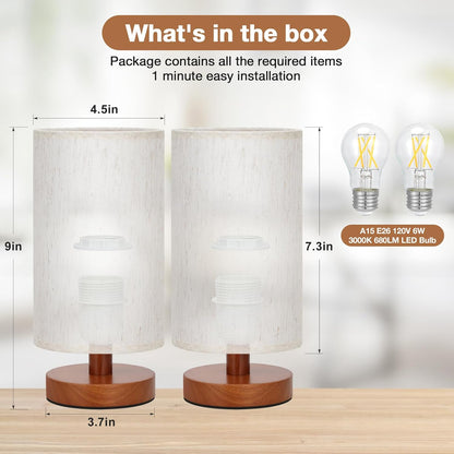 Fenmzee Small Table Lamp for Bedroom - Inline Control, Bedside Lamp with 3000K A15 LED Blub, Easy Assembly (Cream Shade - Wood Base, 9" Inline Control)