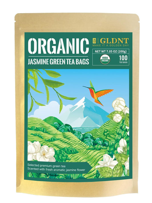 GLDNT Organic Jasmine Green Tea Bags, Floral Aroma & Smooth Taste, 100ct