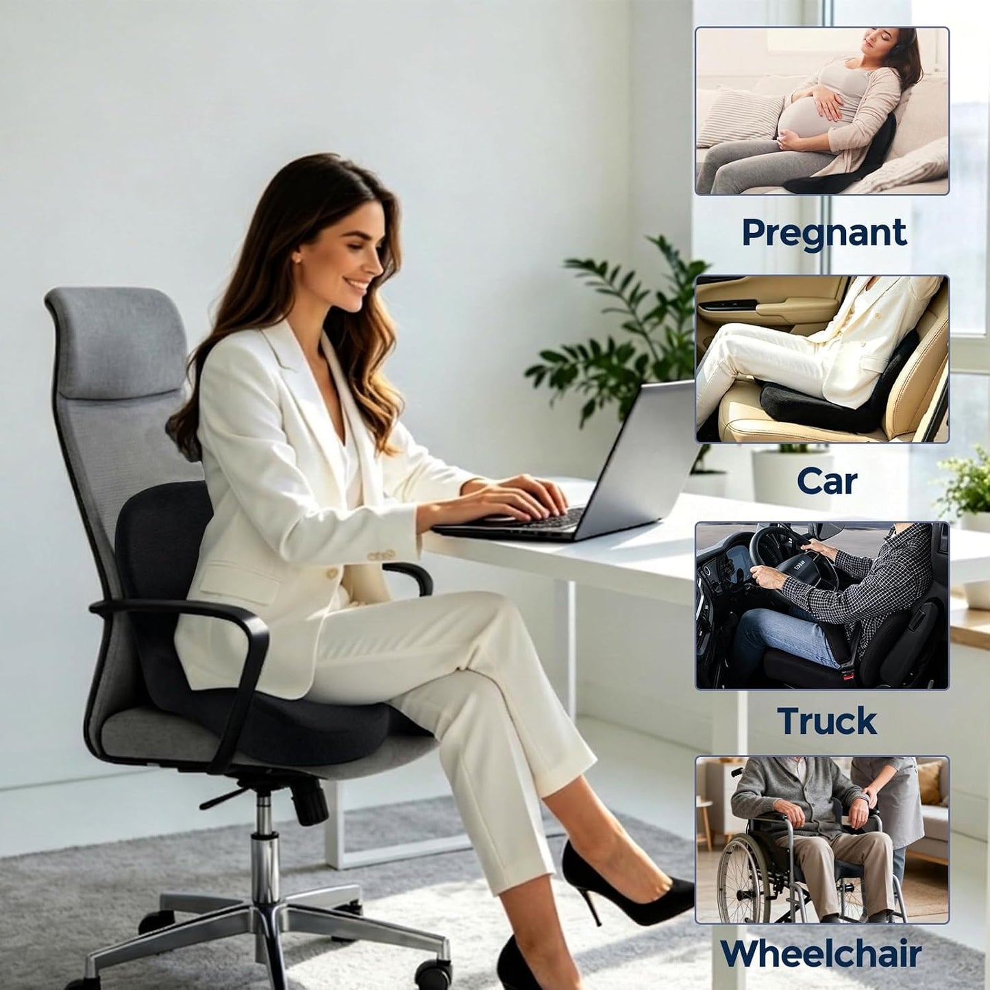 Car Seat Cushion, Memory Foam Driving Cushion with Adjustable Strap, Ergonomic Pad for Car & Semi Truck, Office Chair Cushion for Sciatica & Lower Back Pain Relief, Dark Gray