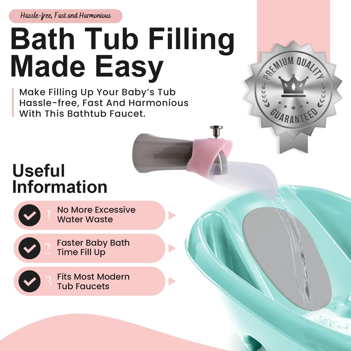 Bath Helper - Bath Tub Faucet Extender - Guides Water Directly from Faucet to Baby Bath Tub Without Excessive Water Waste and Splashing (Clear White)