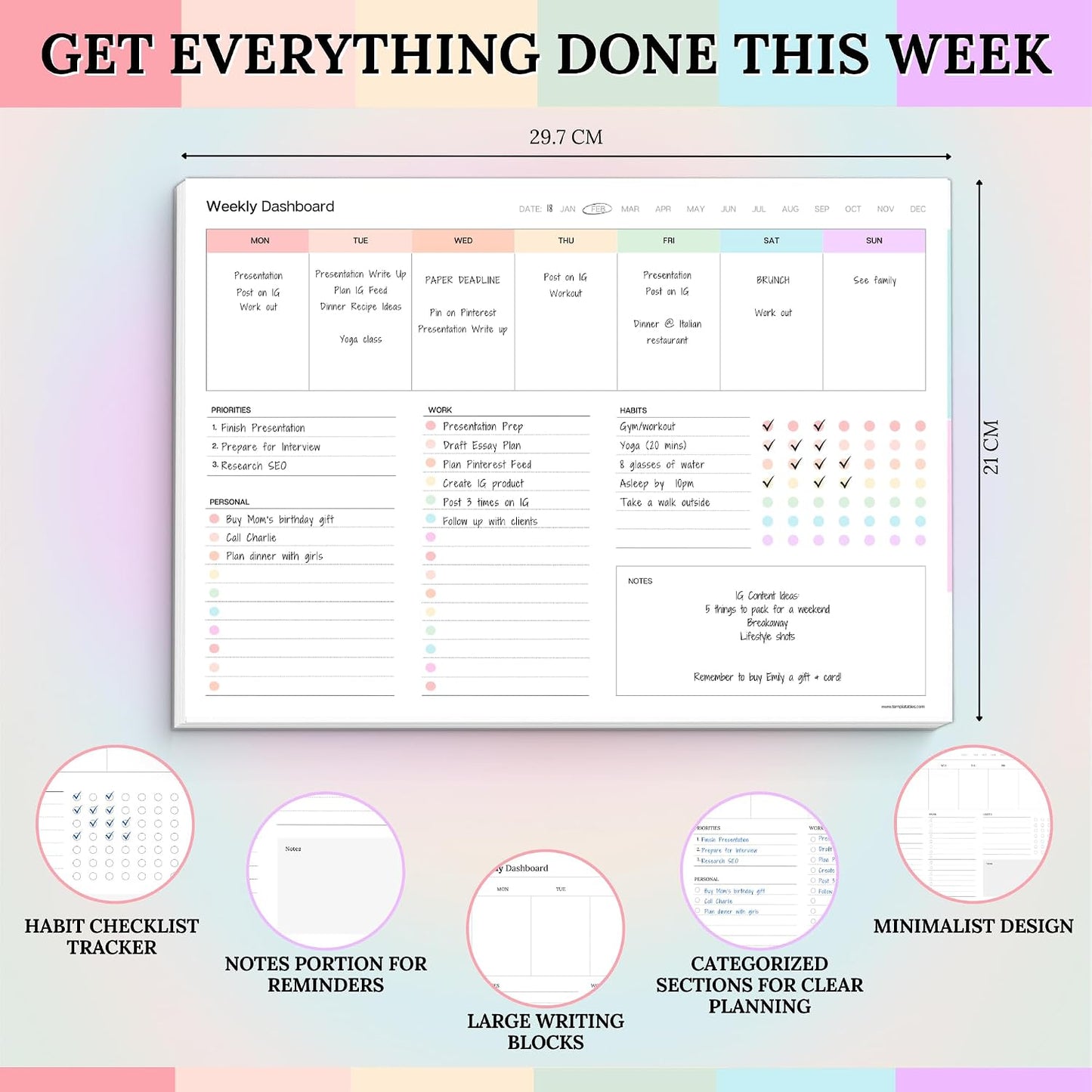 Weekly Dashboard To-Do List Notepad – Undated Weekly Planner with Habit Tracker & Notes – Minimalist A4 Layout for Productivity, Organization & Time Management (Colorful)