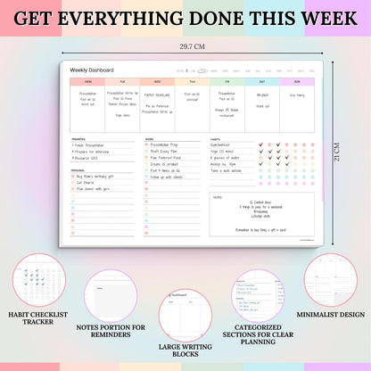 Weekly Dashboard To-Do List Notepad – Undated Weekly Planner with Habit Tracker & Notes – Minimalist A4 Layout for Productivity, Organization & Time Management (Colorful)