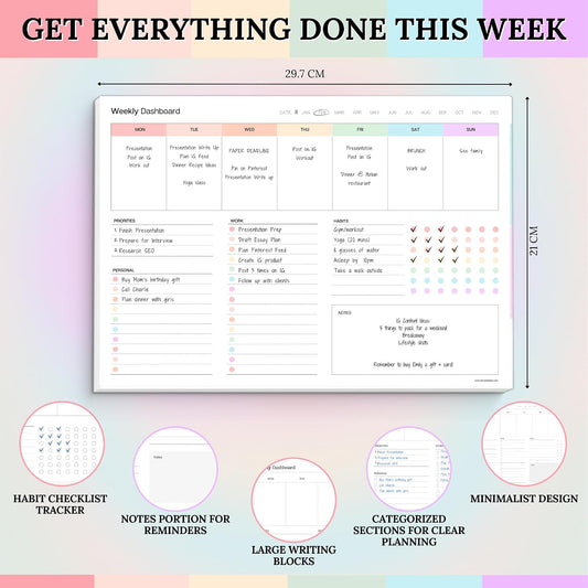 Weekly Dashboard To-Do List Notepad – Undated Weekly Planner with Habit Tracker & Notes – Minimalist A4 Layout for Productivity, Organization & Time Management (Colorful)