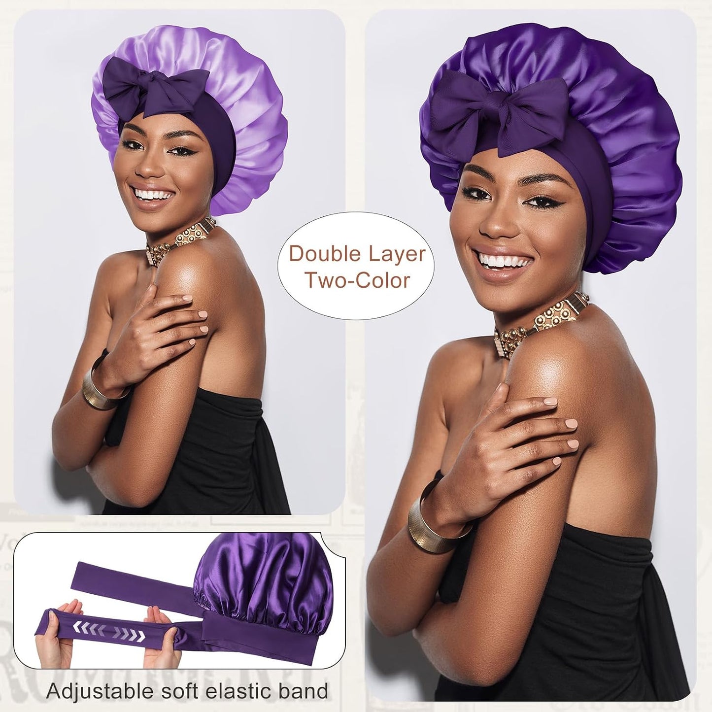 Satin Bonnet for Sleeping Cap Double Layer Hair Bonnet with Elastic Tie Band for Curly Hair Night Cap (Bean Paste + Pink)