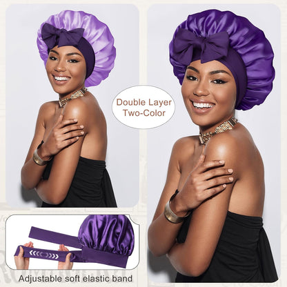 Satin Bonnet for Sleeping Cap Double Layer Hair Bonnet with Elastic Tie Band for Curly Hair Night Cap (Bean Paste + Pink)