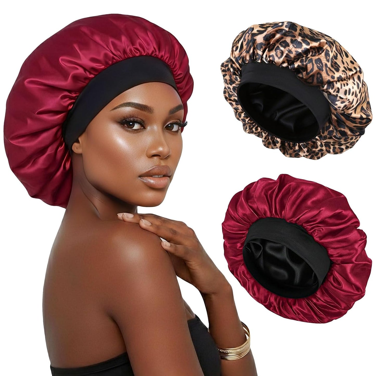 Silk Bonnet for Sleeping Double Layer Satin Bonnet Adjustable Bonnets for Black Women Sleep Cap Reversible Hair Bonnet for Curly Hair (Black and Purple)