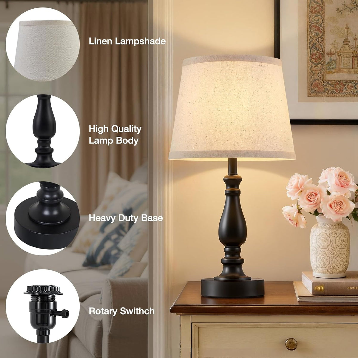 EJIAXIN Lamps for Bedrooms Set of 2, Brushed Nickel Bedside Lamps with USB C+A Ports,Dimmable Nightstand Lamps with Fabric Lampshade, Touch Table Lamp for Living Room Bedroom Office, Bulbs Included