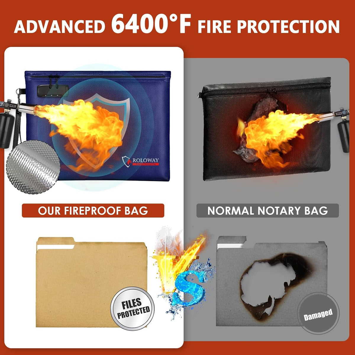 ROLOWAY Fireproof Document Bag (14.5 x 11.5 inch), 6400℉ Fireproof Money Bag with Zipper for Cash, Fire Safe Money Pouch with Lock (Black)
