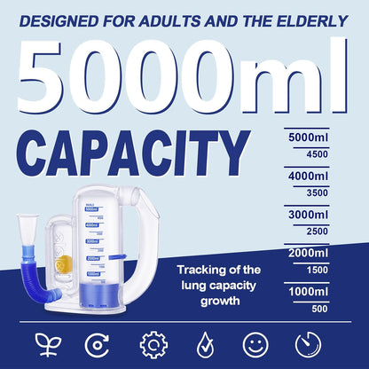 Breathing Exercise Device for Lungs, Lung Exerciser Device – 5000ml Volumetric Deep Breathing Trainer with Flow Rate Indicator for Respiratory Health & Recovery