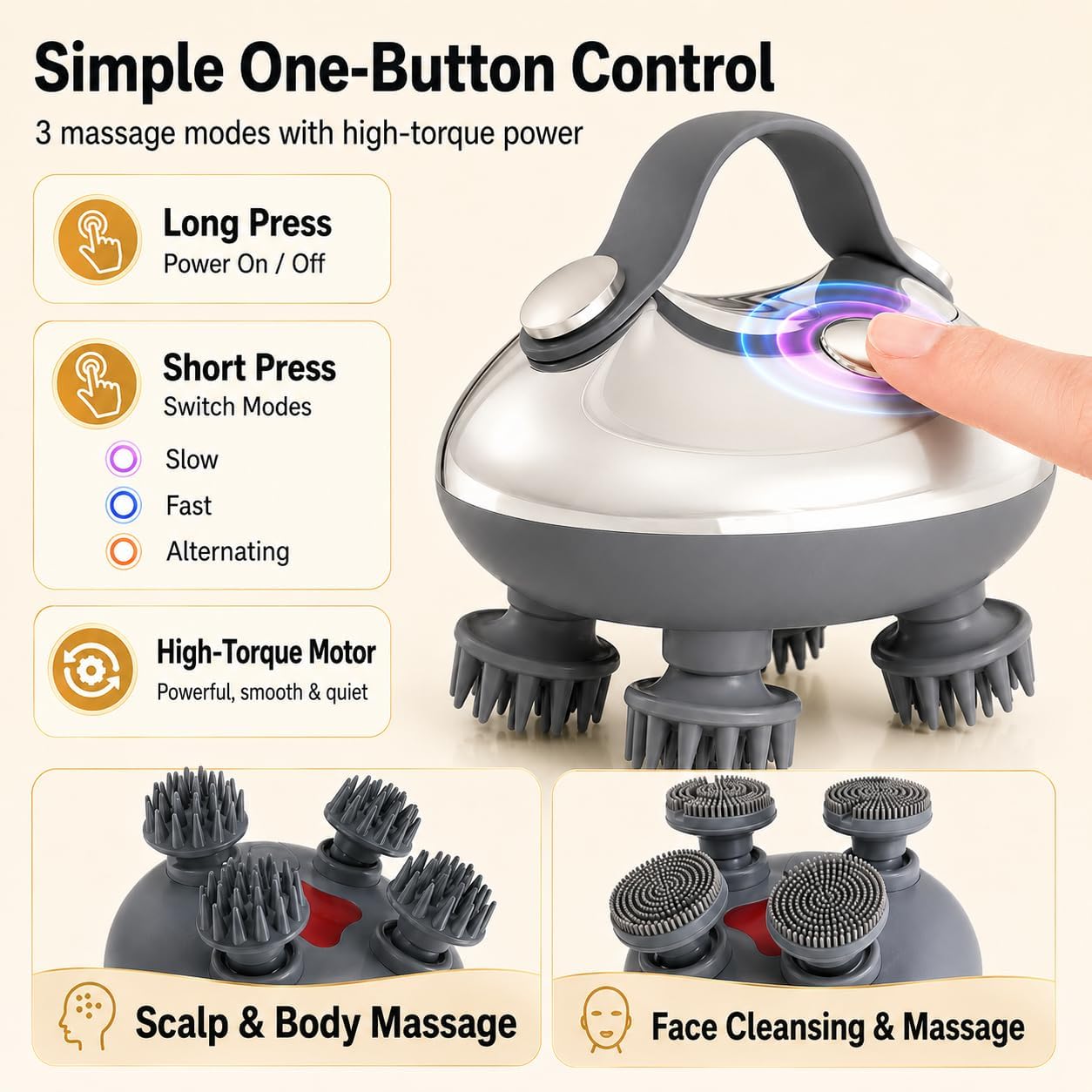 Melonsun Electric Scalp Massager for Stress Relief, Anti-Tangle 360° Kneading Head Massager, IPX7 Waterproof Rechargeable for Shower Use, 3 Modes, 2 Silicone Claw Sets for Massage & Gentle Cleansing