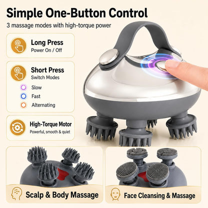 Melonsun Electric Scalp Massager for Stress Relief, Anti-Tangle 360° Kneading Head Massager, IPX7 Waterproof Rechargeable for Shower Use, 3 Modes, 2 Silicone Claw Sets for Massage & Gentle Cleansing