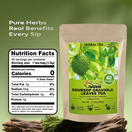 FullChea Soursop Leaves Tea Bags, 40 Counts, Hojas de Guanabana, Non-GMO