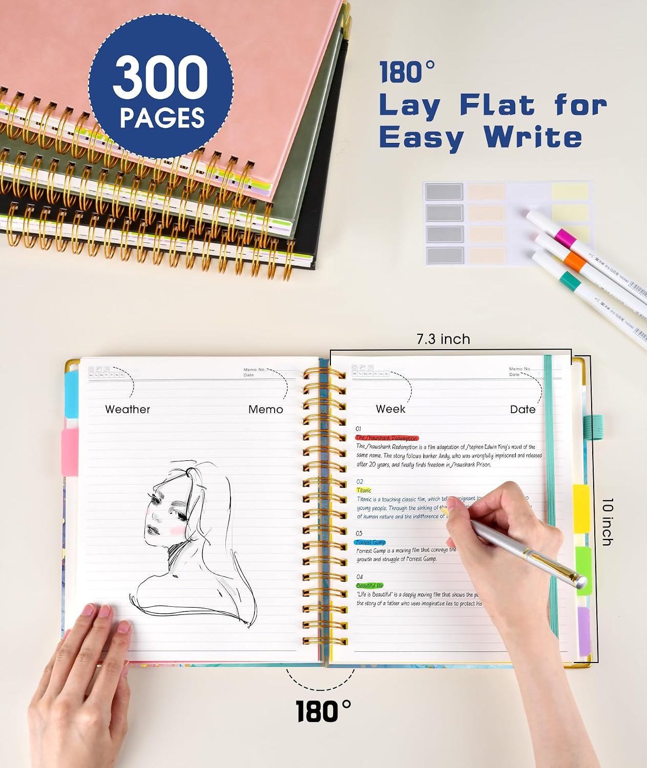 Hardcover Spiral Notebook journal with Removable Dividers Tabs, 300 Pages Leather 5 Subject Notebook College Ruled, 8"x10" Large B5 Notebooks for Work School Note taking, Lined Journal for Women,Black