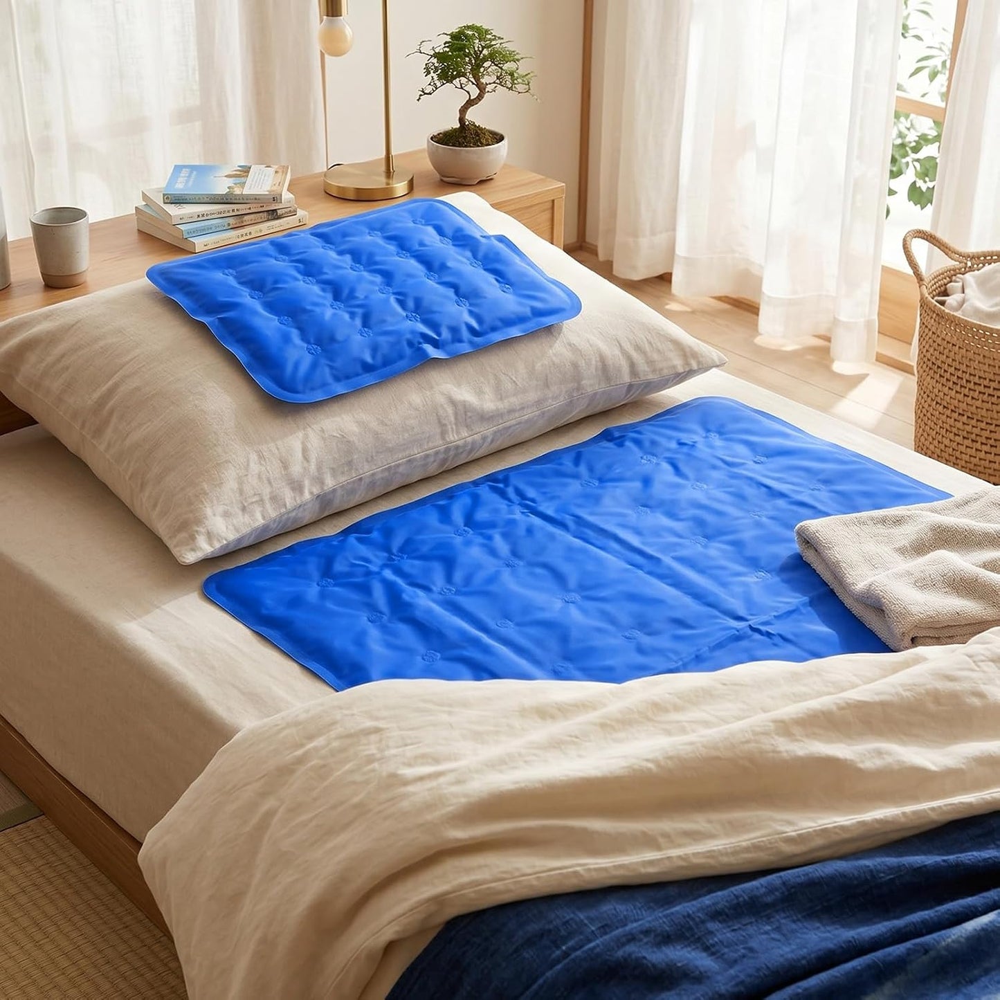 Novabright 2 Pcs Cooling Pad with Pillow Set Cold Mat Gel for Bed 47'' x 28'' Cooling Mattress Pad for Night Sweats, Hot Sleepers, Hot Flashes, Pain Relief, Summer Supplies(Simple,Sky Blue)