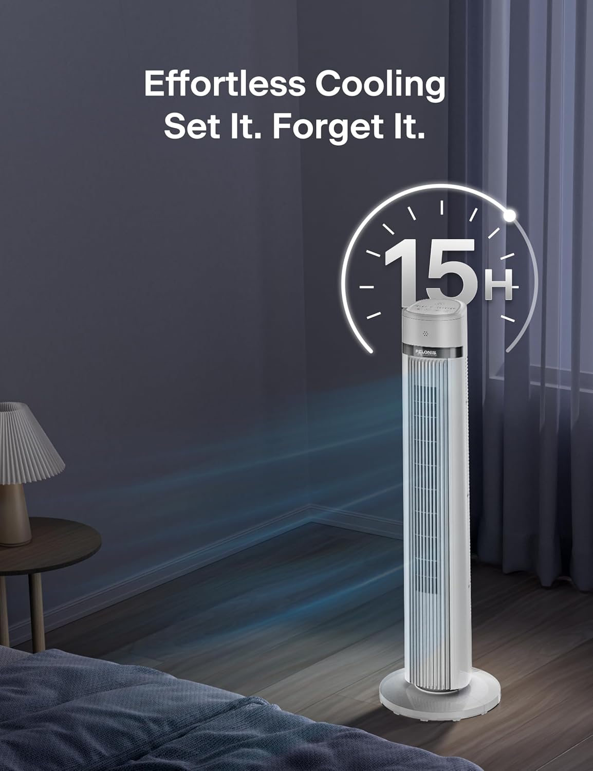 PELONIS 40 inch Bladeless Tower Fan for Bedroom, Standing Fan with Remote Control, 26ft/s, 90° Oscillation, 3 Speed Settings, 27dB, 3 Modes, 15-Hour Timer, LED Display, Fan that Blows Cold Air, White