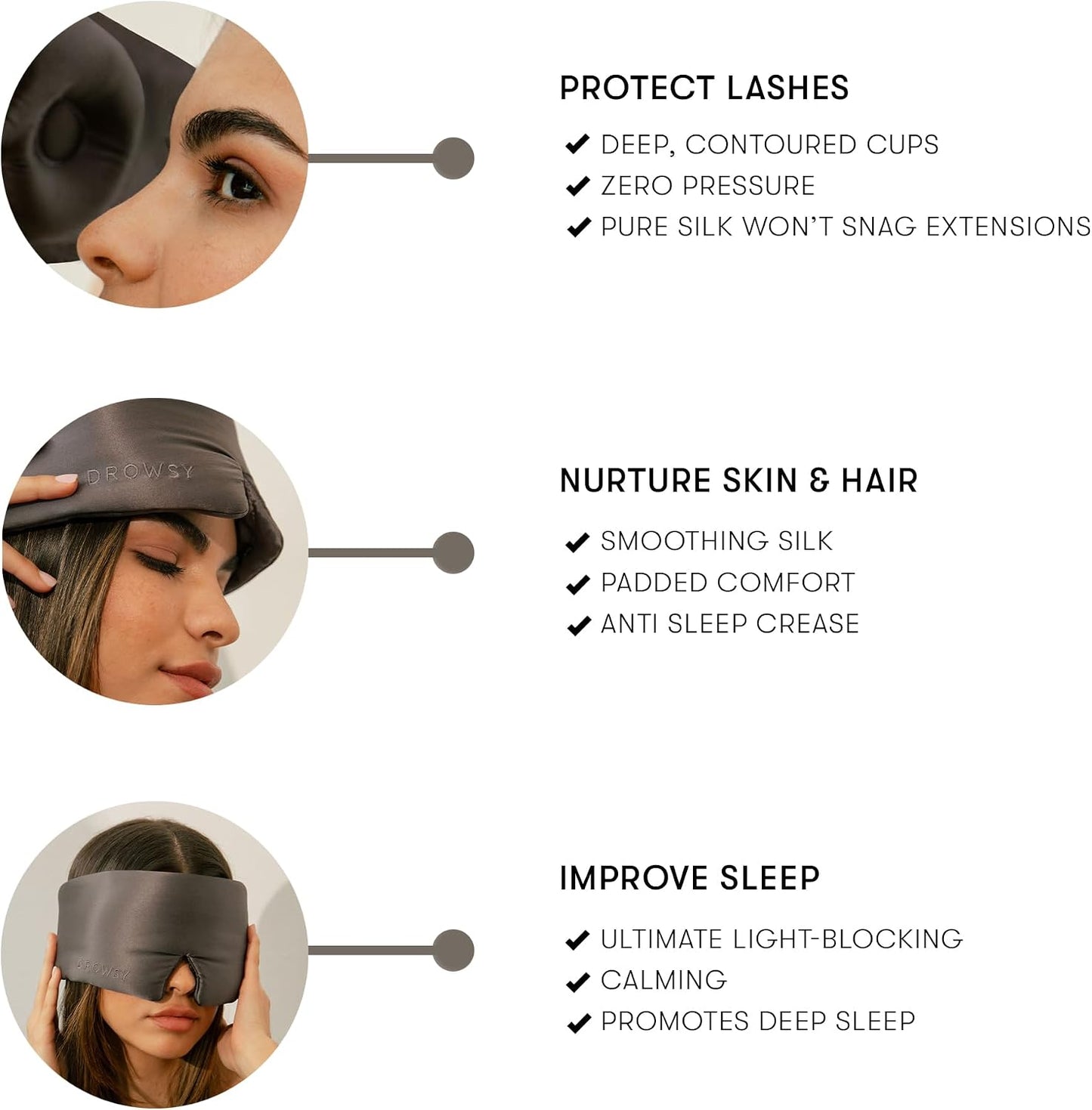 DROWSY Eyelash Protecting Silk Sleep Mask for Natural Lashes & Extensions. Deep Eye Cups, Zero Pressure, Total Blackout, Full Wraparound (Moonlight Shadow)