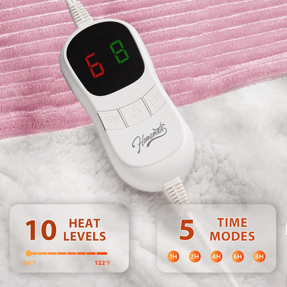 Homemate Heated Blanket Electric Throw - 50"x60" Heating Blanket Throw 1/2/4/6/8 Hours Auto-Off 10 Heat Levels Over-Heat Protection Soft Flannel Sherpa Heater ETL Certification