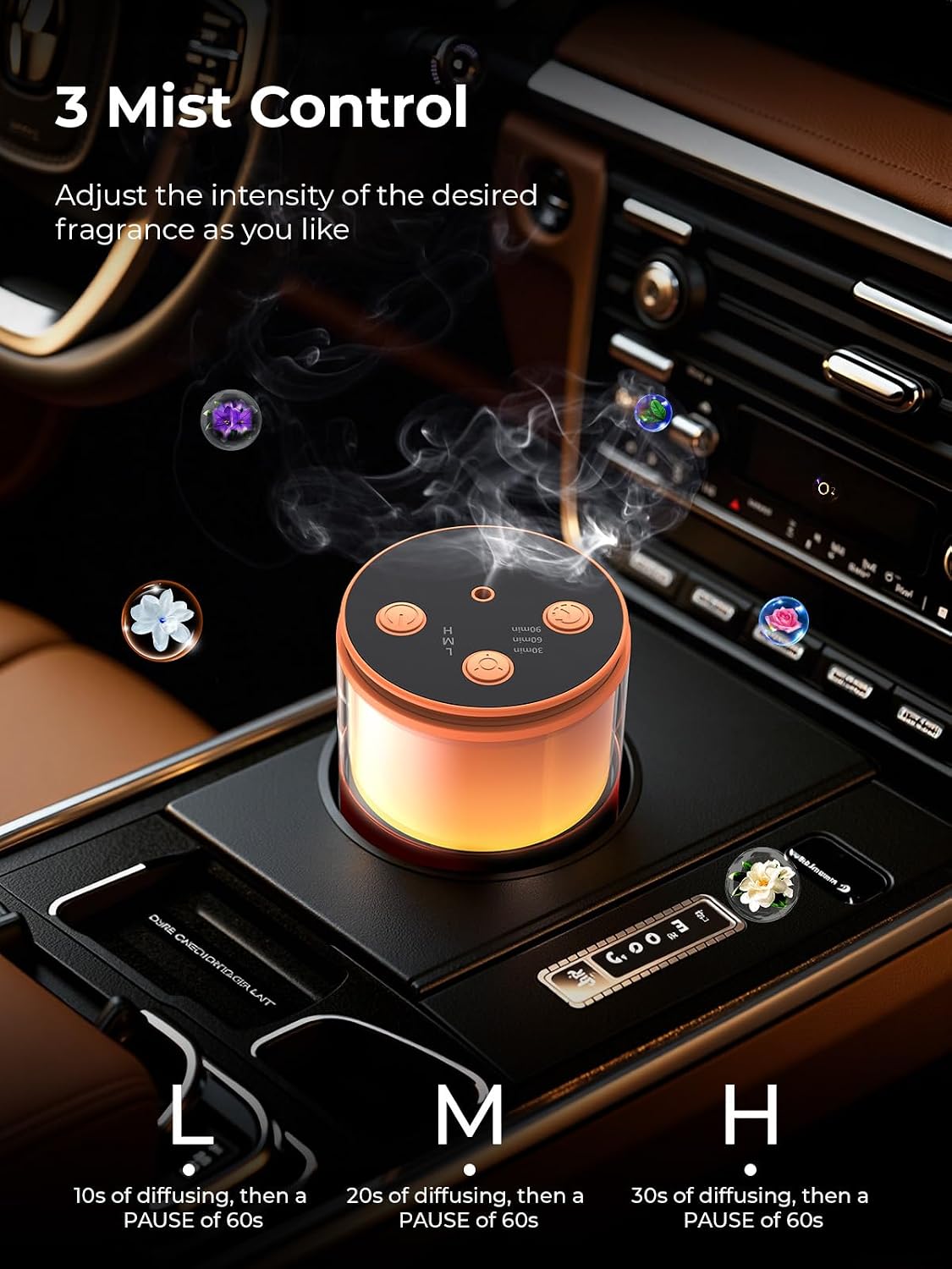 Waterless Essential Oil Diffuser: 𝟗 𝐂𝐨𝐥𝐨𝐫𝐬 𝐋𝐄𝐃 Scent Diffuser for Home&Car&Office - Portable Diffuser with 48H Battery, 4 Timers & 3 Mist Levels, Carbon Black