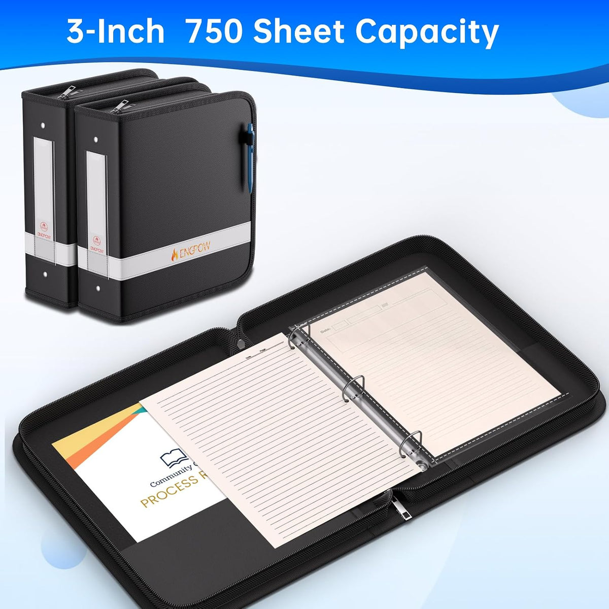 ENGPOW 3 Ring Binder,Fireproof 3 Inch D Ring Binder with Zipper,Holds 750 Sheets,Non-Stick,PVC-Free,Compatible with Clear Sheet Protectors,Portable School Office Home Safe Storage for Paper,Black