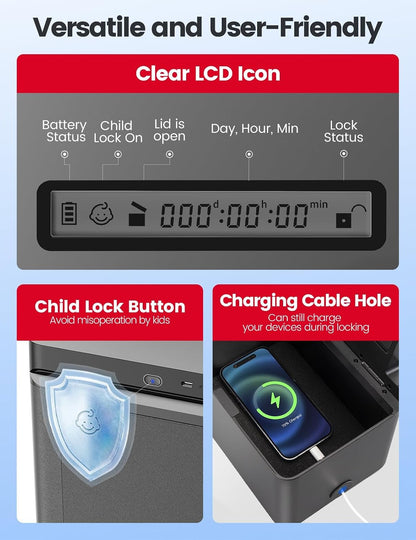 Vaydeer Metal Time Lock Box, Phone Lock Box with Timer, Timed Locking Safe, Self-Control Container with USB C Charge,Child Lock, Audio Prompt, Time Release Storage Locker for Phone/Medicine