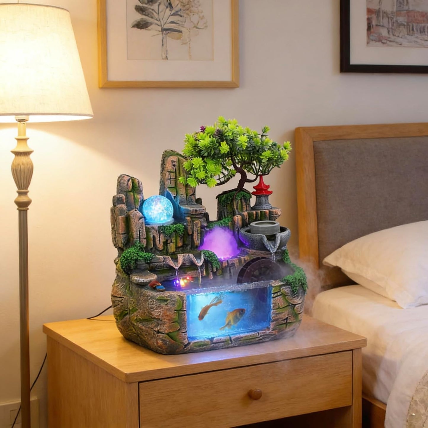Mini Artificial Bonsai Tree Waterfall Fog Feature Rock Tabletop Fountain | 11in Desktop Decor Waterfall Fountain W/ Water Pump& Atomizer&LED Lights &Fake Tree Office Bedroom Relax