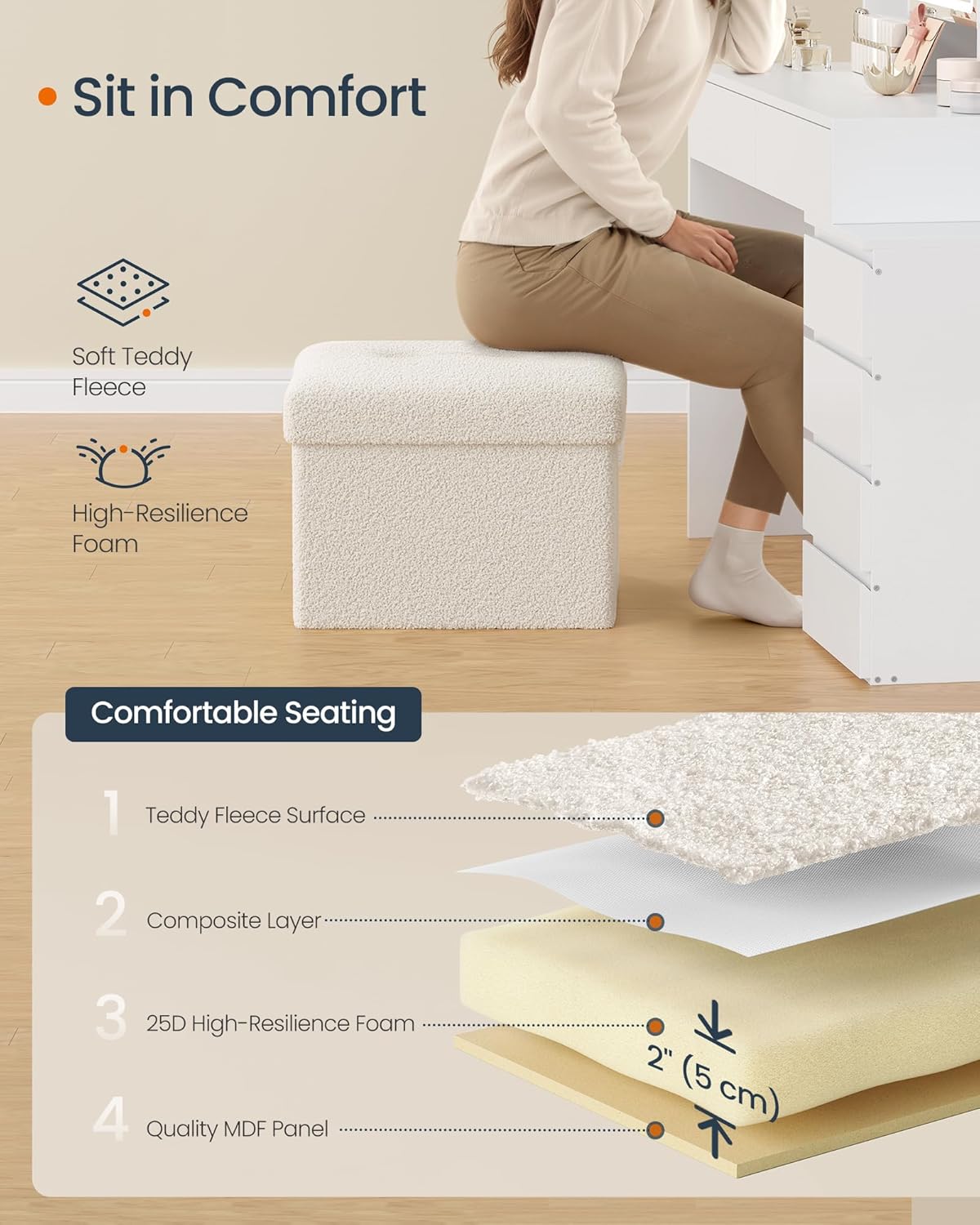 SONGMICS Small Folding Storage Ottoman, Foot Rest Stool, Cube Footrest, Synthetic Leather, 12.2 x 16.1 x 12.2 Inches, 286 lb Capacity, for Living Room, Bedroom, Dorm, Ink Black ULSF100B01
