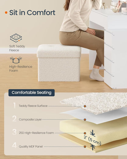 SONGMICS Small Folding Storage Ottoman, Foot Rest Stool, Cube Footrest, Synthetic Leather, 12.2 x 16.1 x 12.2 Inches, 286 lb Capacity, for Living Room, Bedroom, Dorm, Ink Black ULSF100B01