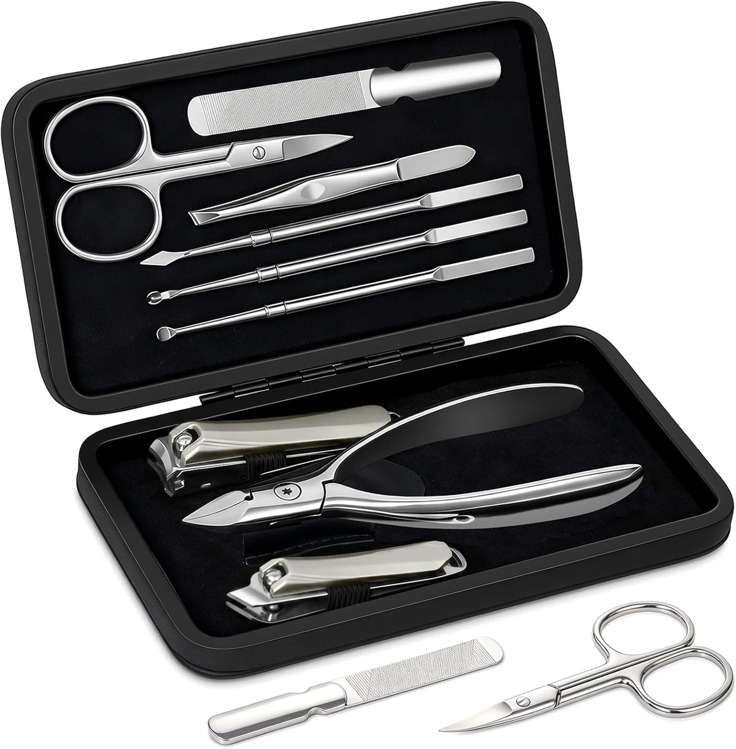 9 in 1 Professional Manicure Pedicure Set, Premium Stainless Steel Nail Clipper Grooming Tools with Magnetic Leather Travel Case, Portable Nail Kit Gift for Men & Women(Black)
