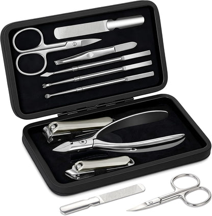 9 in 1 Professional Manicure Pedicure Set, Premium Stainless Steel Nail Clipper Grooming Tools with Magnetic Leather Travel Case, Portable Nail Kit Gift for Men & Women(Black)