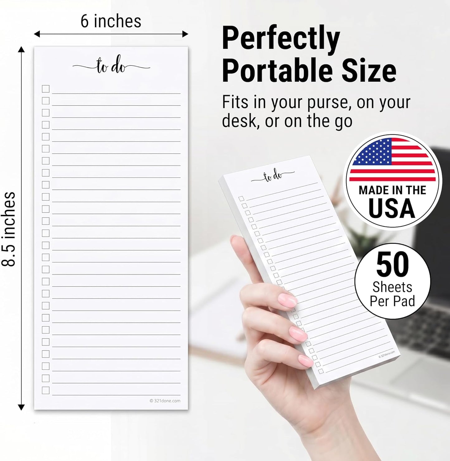 321Done To Do List Notepad, 2-Pack 50 Sheets Each, 3.7x8.5 College Ruled Pad, 70lb Matte Paper, Note Pad for Shopping List, Checklist To-Dos Tasks Planning for Home Office, Made in USA