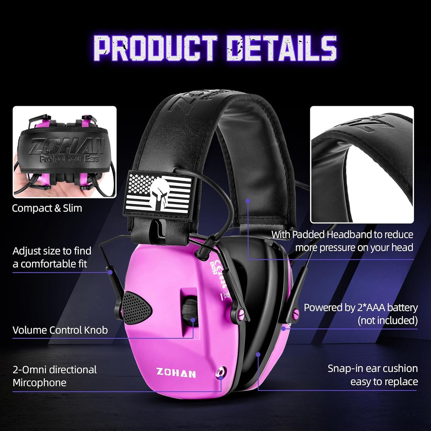 ZOHAN Electronic Shooting Earmuffs Built in Ambient Sound Amplifier, Hearing Protection for Shooters, NRR 23dB Noise Reduction, Ideal Gun Range Ear Protection Headphones for Hunting-Black&Purple