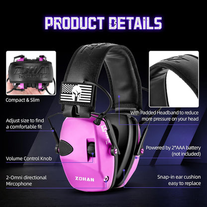ZOHAN Electronic Shooting Earmuffs Built in Ambient Sound Amplifier, Hearing Protection for Shooters, NRR 23dB Noise Reduction, Ideal Gun Range Ear Protection Headphones for Hunting-Black&Purple