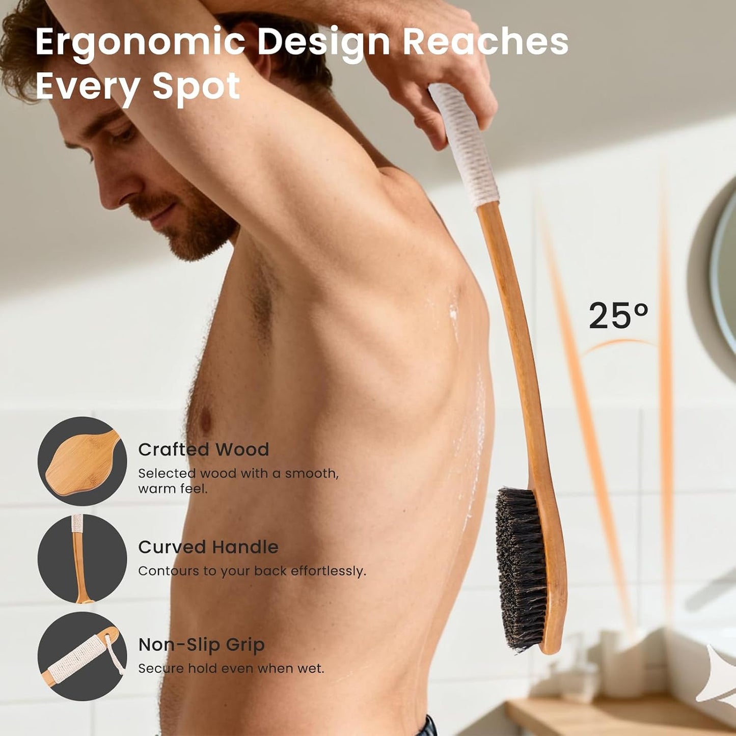 Back Scrubber for Shower，17in Bamboo with Curved Long Handle - Stiff Natural Boar Bristles for Men and Women, Deep Cleansing and Exfoliating, Anti-Slip Grip for Wet or Dry Brushing