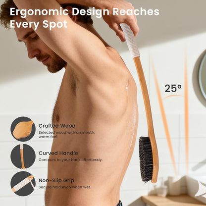 Back Scrubber for Shower，17in Bamboo with Curved Long Handle - Stiff Natural Boar Bristles for Men and Women, Deep Cleansing and Exfoliating, Anti-Slip Grip for Wet or Dry Brushing