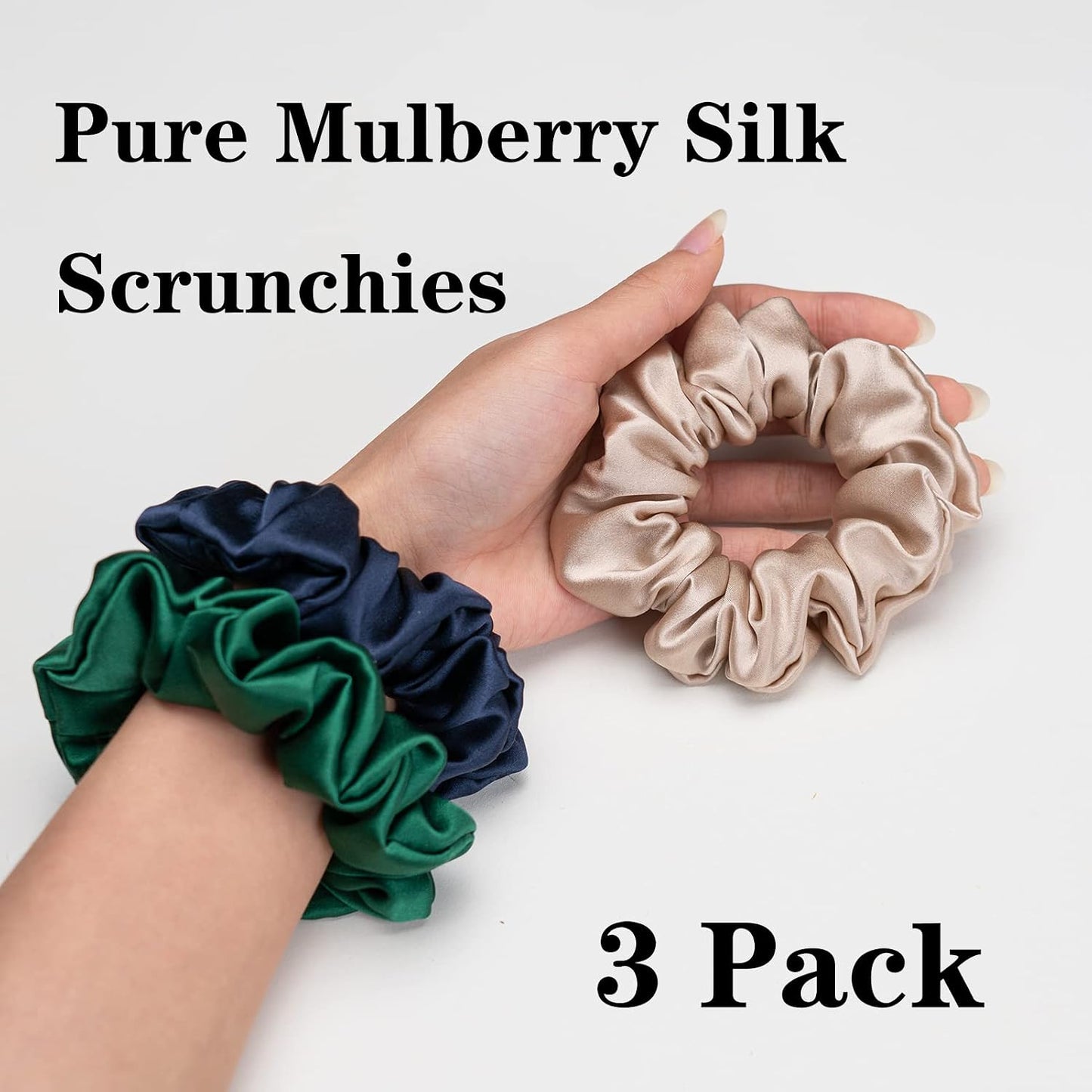 Silk Scrunchies for Hair 100% Mulberry Silk Hair Ties 3 Pack(Black, Navy Blue, Emerald)