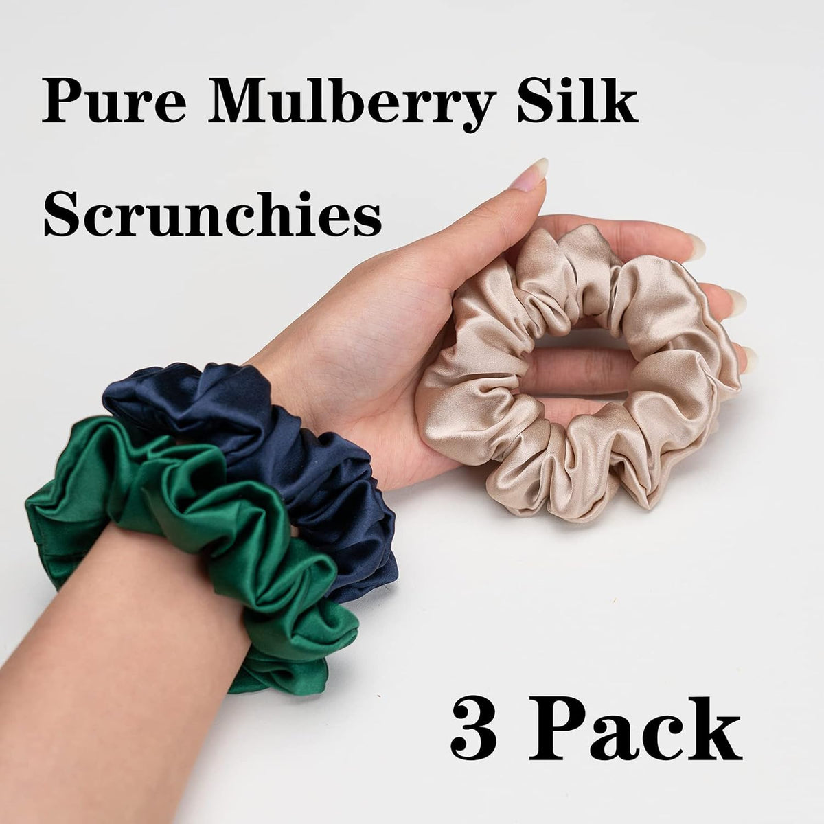 Silk Scrunchies for Hair 100% Mulberry Silk Hair Ties 3 Pack(Black, Navy Blue, Emerald)