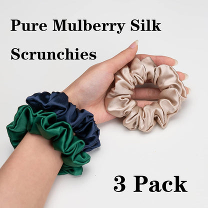 Silk Scrunchies for Hair 100% Mulberry Silk Hair Ties 3 Pack(Black, Navy Blue, Emerald)