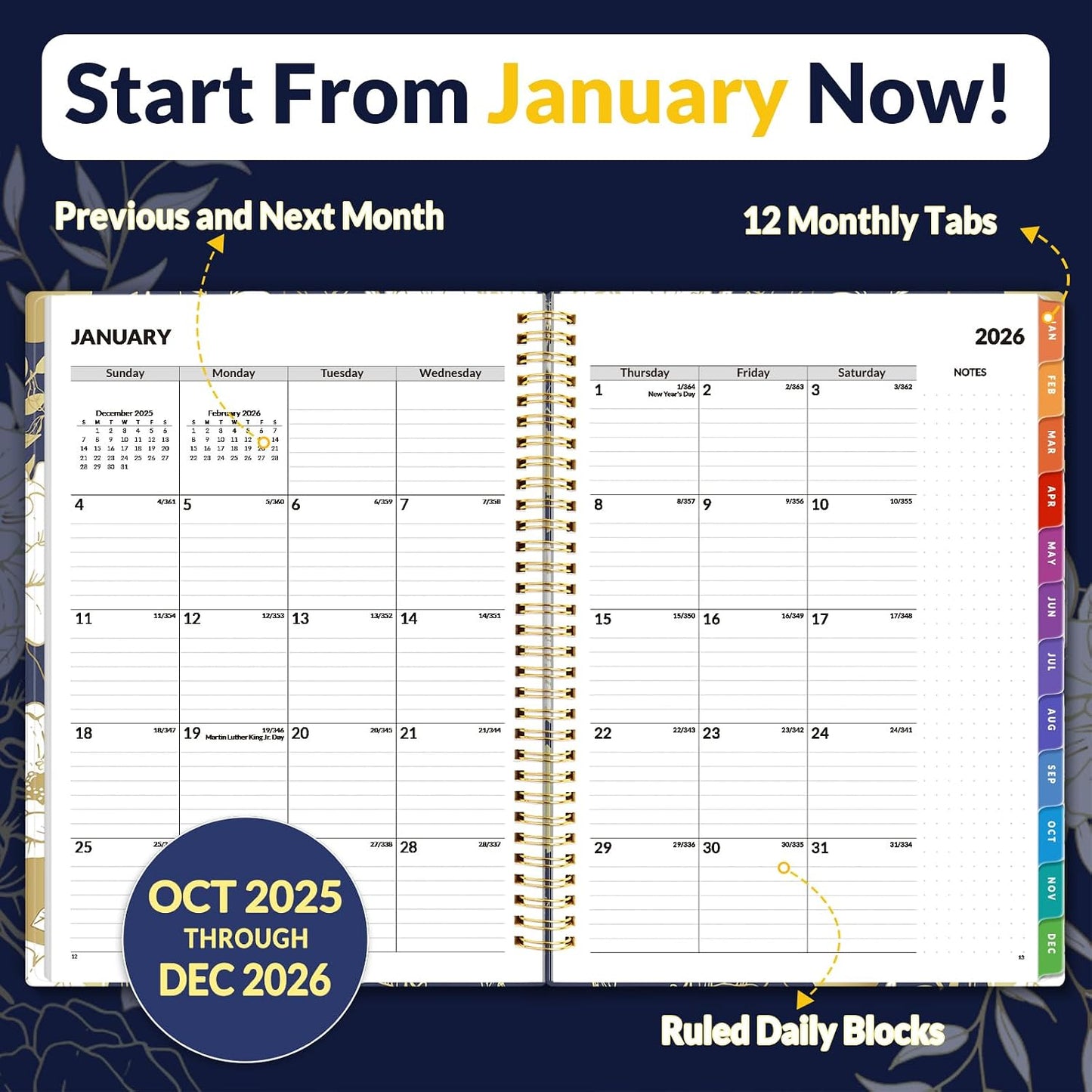 SUNEE Academic Planner 2026-2027 – Weekly & Monthly Planner, July 2026 to June 2027, 6.4"x8.3", Thick Paper, Tabs, Pockets, Bookmark, Spiral-Bound, Student Teacher Organizer, Black